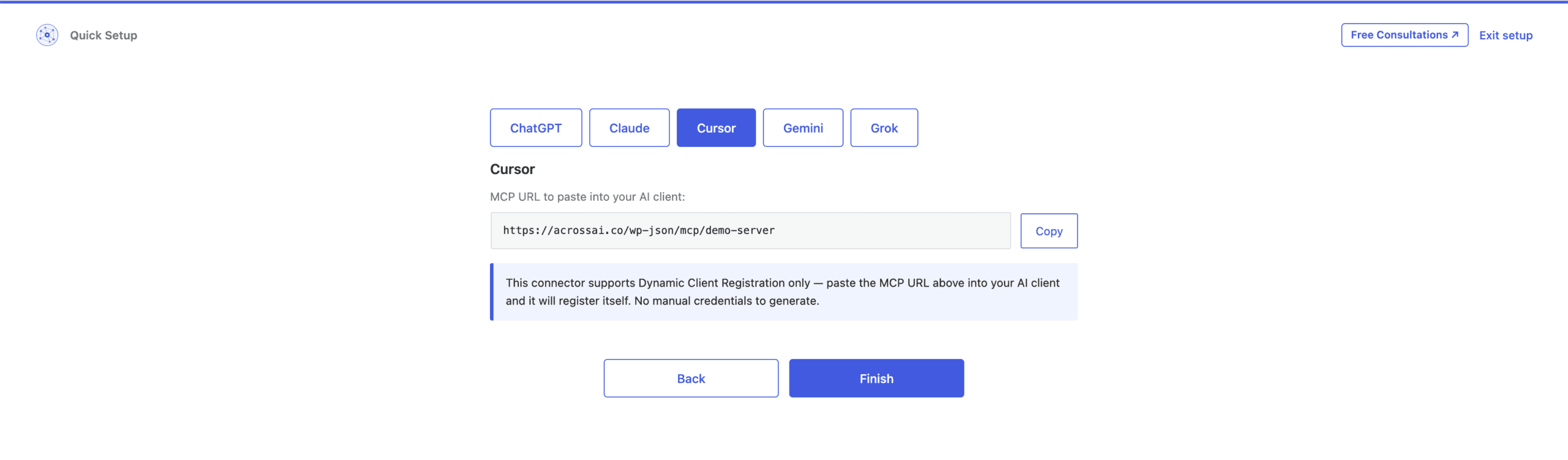 The Gemini connector tab showing the MCP URL to paste into Gemini