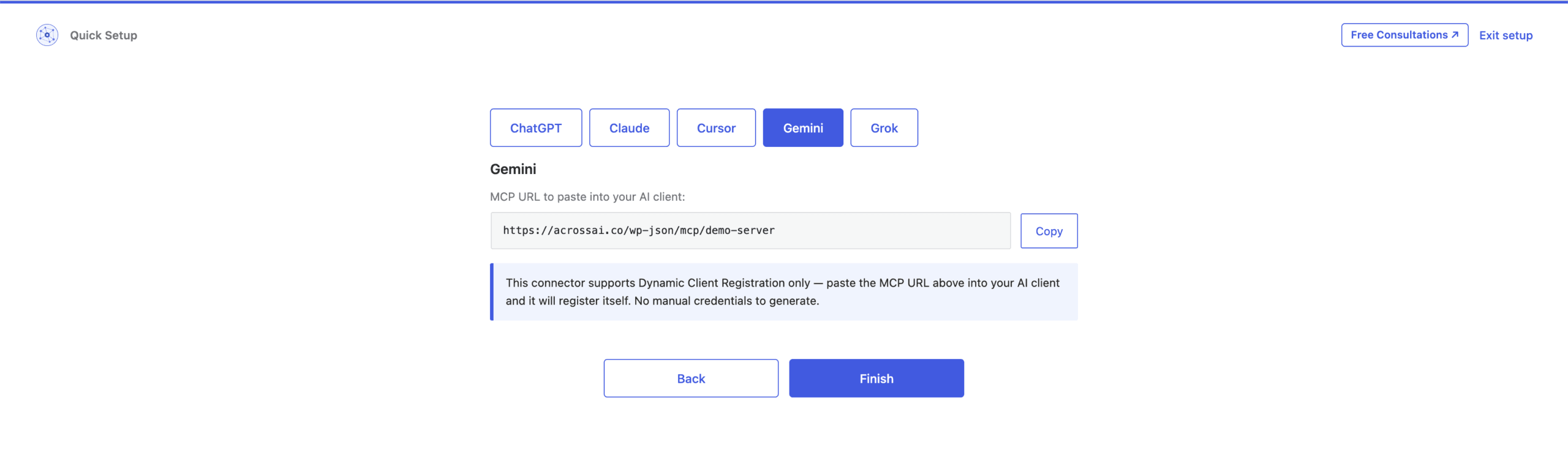 The Grok connector tab showing the MCP URL to paste into Grok