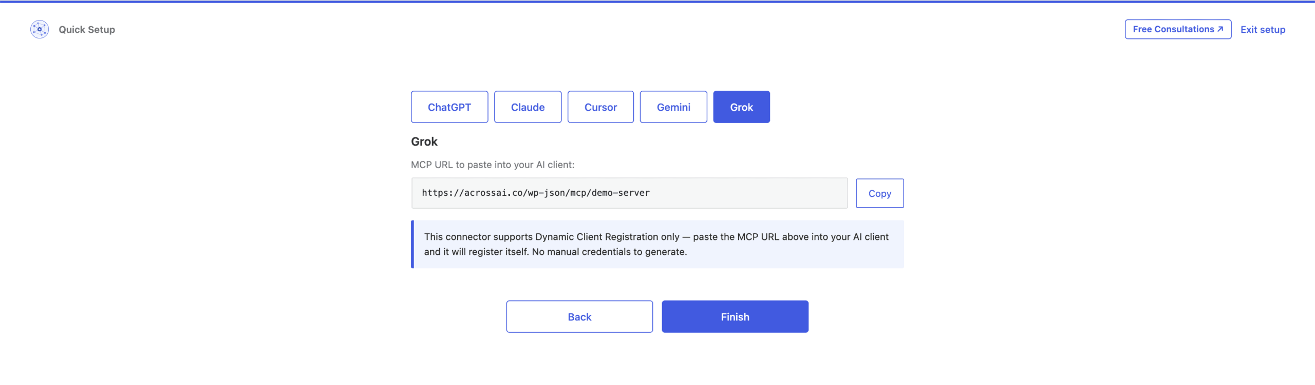 The Cursor connector tab showing the MCP URL to paste into Cursor