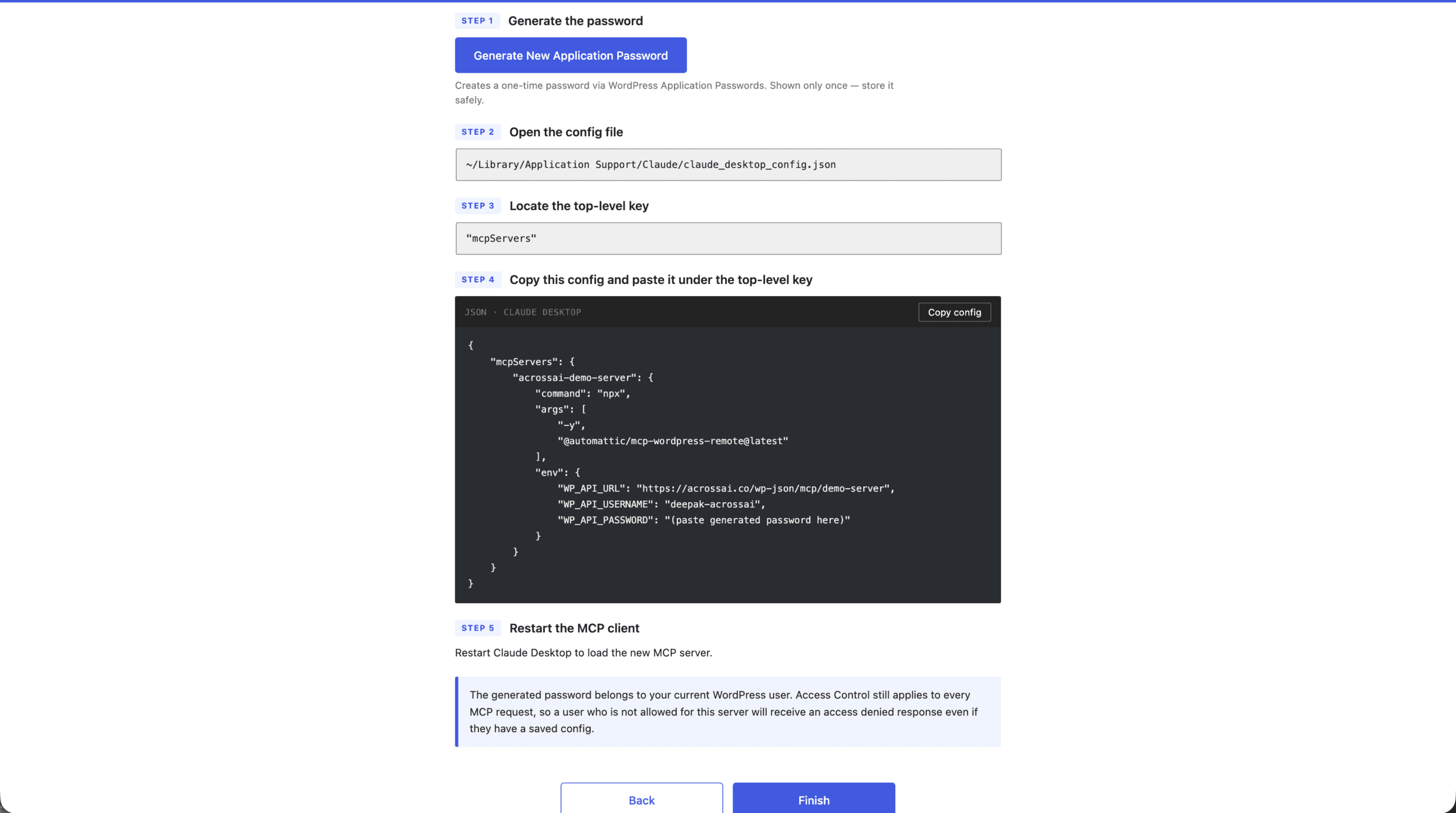 The config file path, top-level key and JSON config ready to copy into the AI client