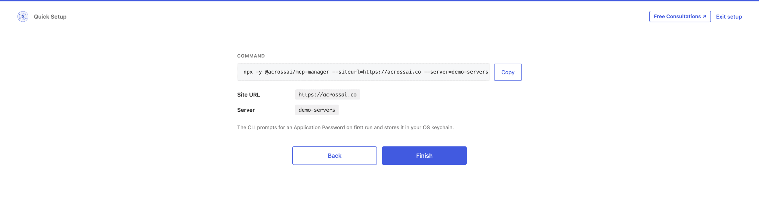 The npm step showing the one-line npx command with site URL and server slug filled in