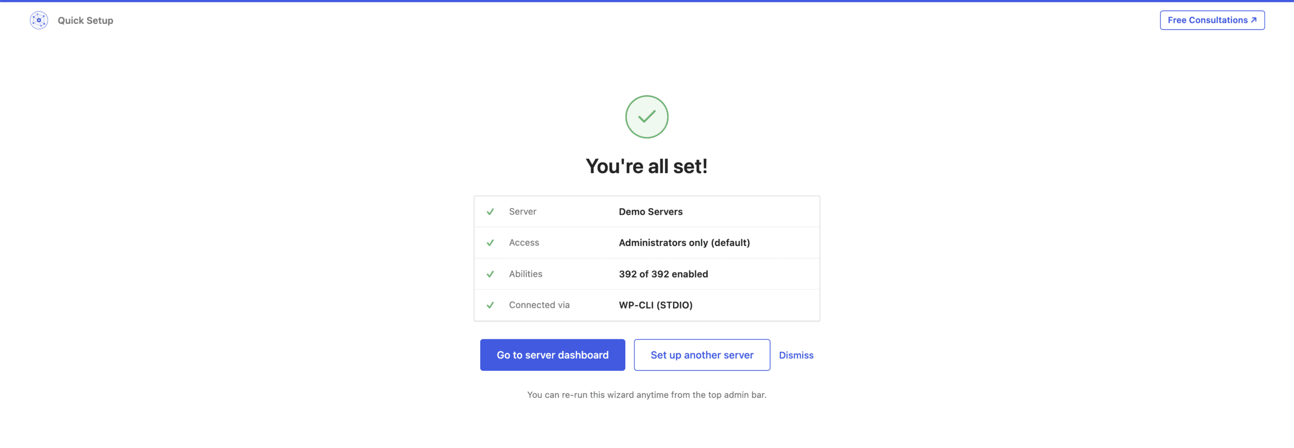The Quick Setup completion screen summarising server, access, abilities and connection method