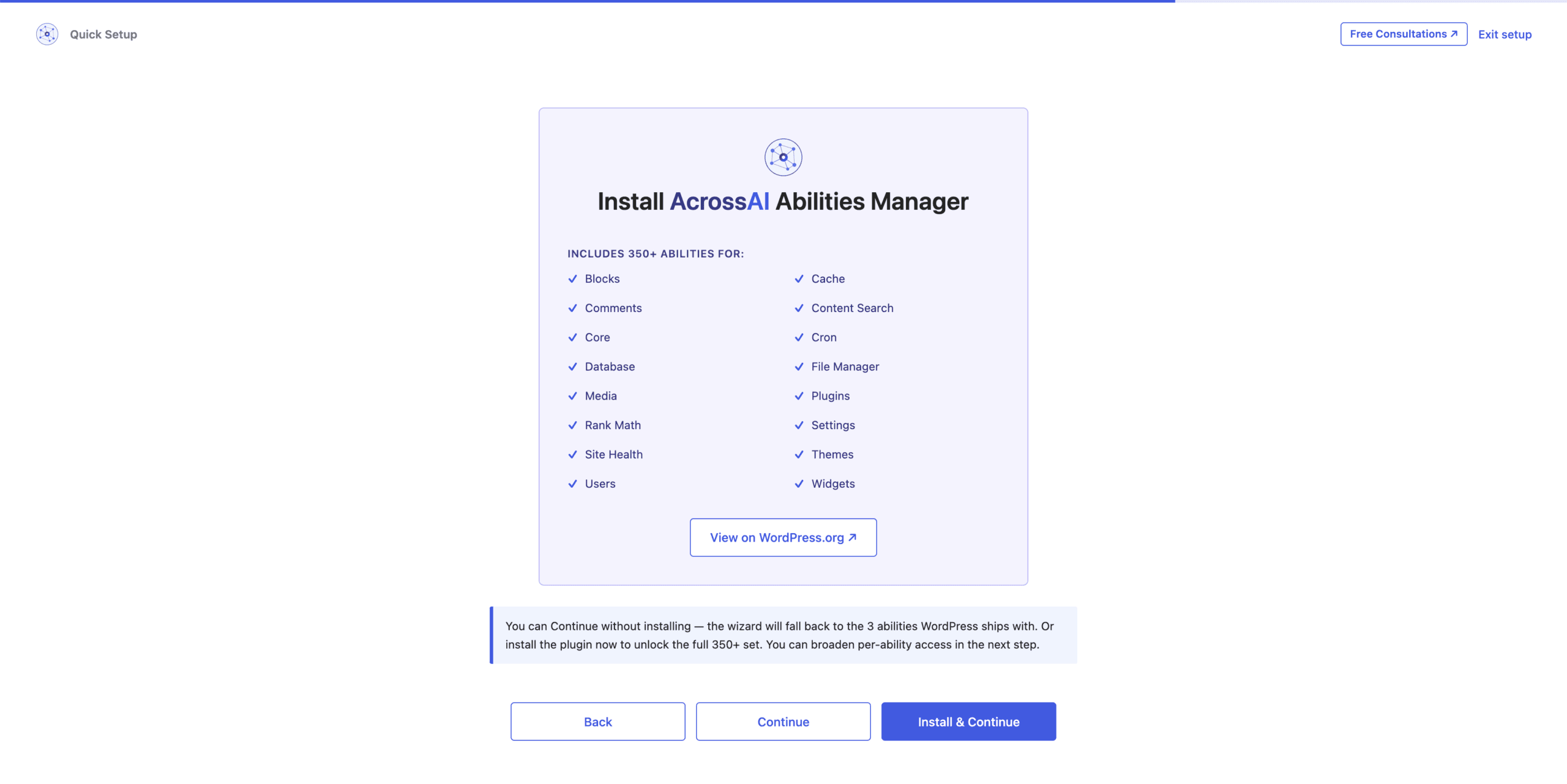The Quick Setup step prompting you to install and activate AcrossAI Abilities Manager