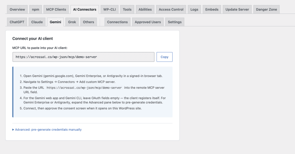 Gemini custom connector setup screen for a WordPress MCP endpoint
