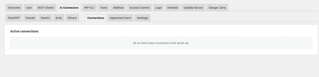 Connections tab listing every connected client with revoke and delete controls