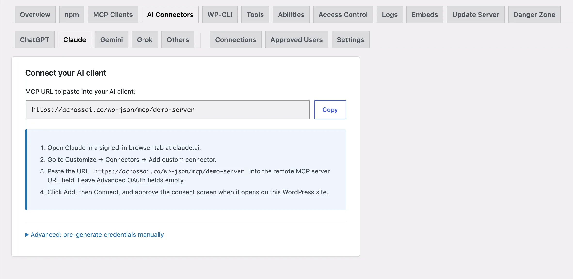 The MCP Manager dashboard showing a copyable MCP URL for Claude, ChatGPT, Grok, Gemini and Cursor