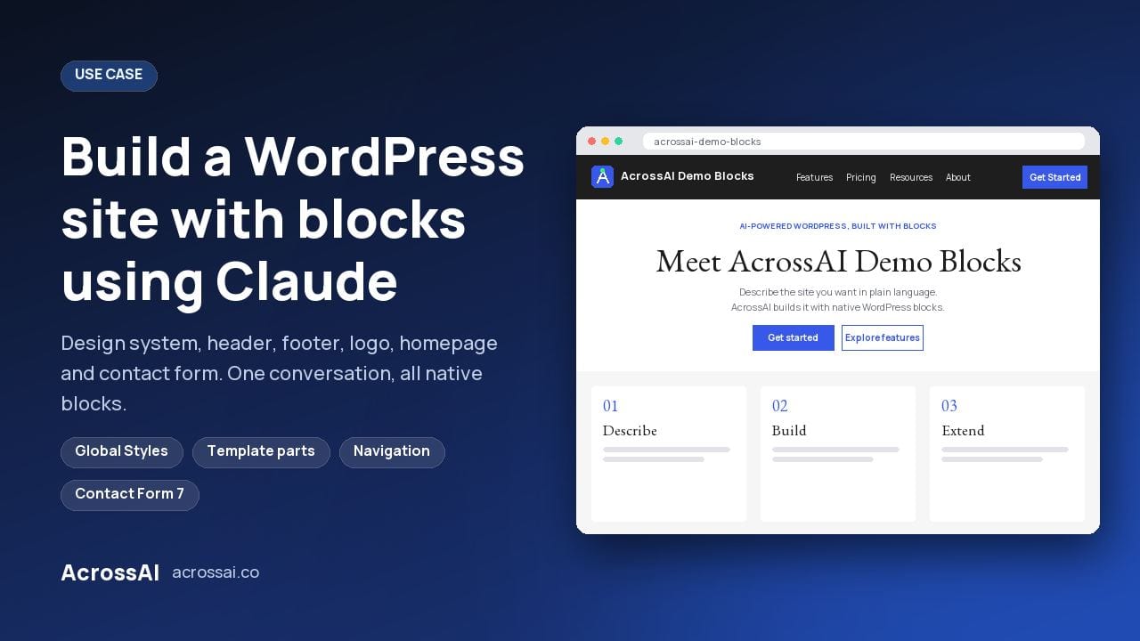 acrossai blocks claude featured Build a WordPress site with blocks using Claude, with a preview of the AcrossAI Demo Blocks homepage