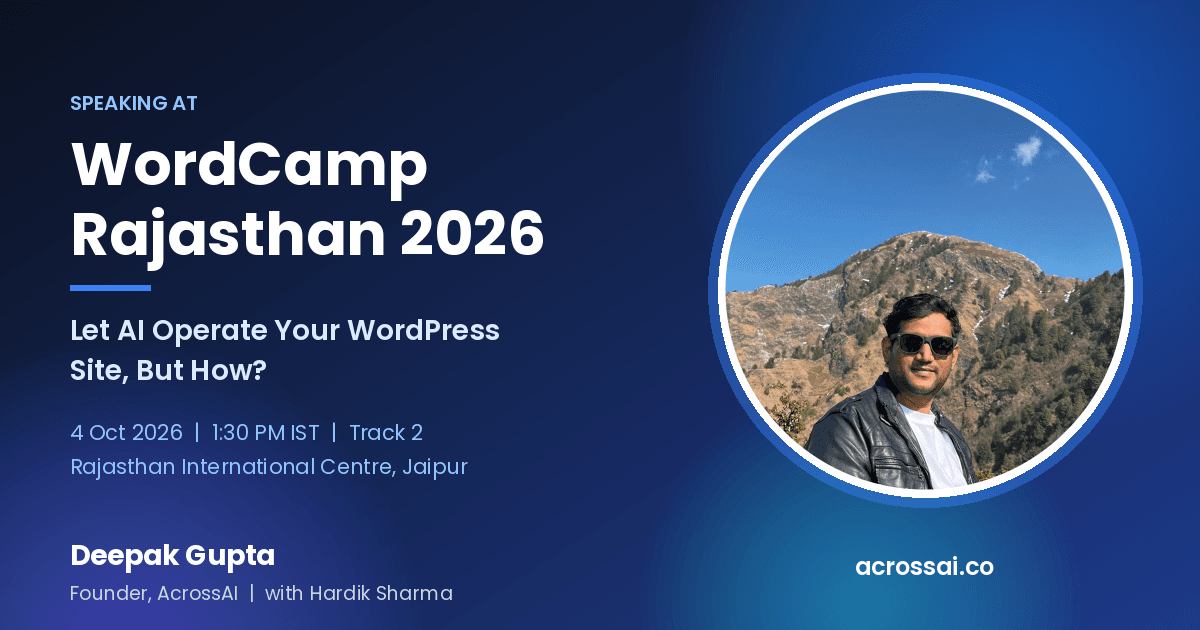 Deepak Gupta, founder of AcrossAI, speaking at WordCamp Rajasthan 2026 in Jaipur