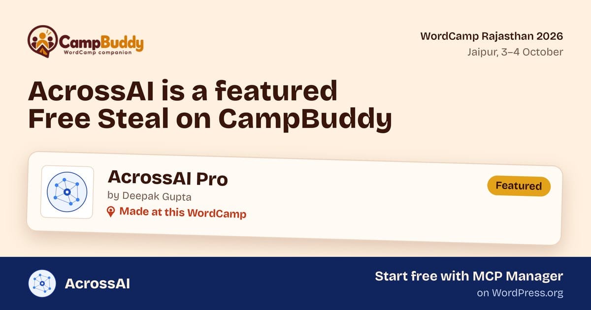 AcrossAI Pro featured as a Free Steal on CampBuddy at WordCamp Rajasthan 2026, with a link to start free with MCP Manager