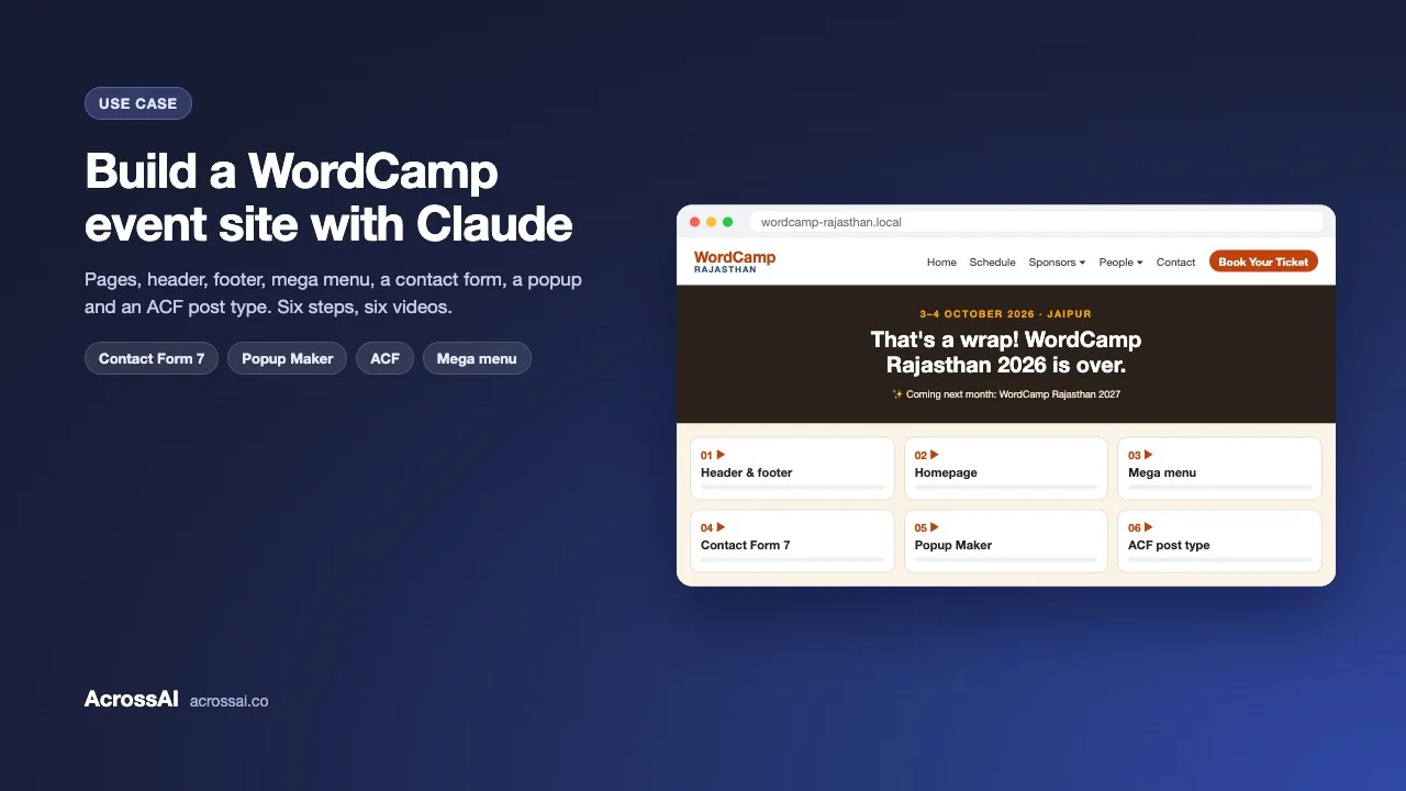 Build a WordCamp event site with Claude, with a preview of the WordCamp Rajasthan demo homepage and its six build steps