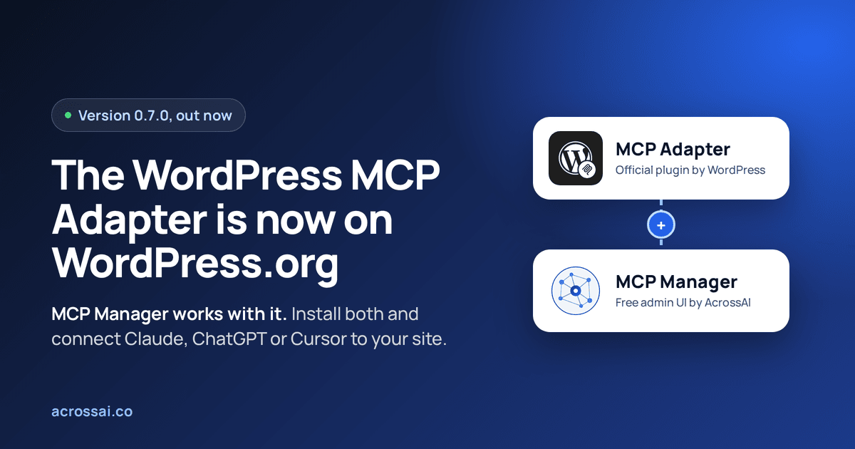 MCP Adapter plugin and MCP Manager logos: the WordPress MCP Adapter is now on WordPress.org, and MCP Manager adds the UI